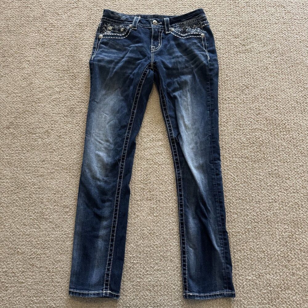 Miss Me Jeans JE8044ESR Easy Skinny Womens Size 27 Dark Blue Stretch Embellished